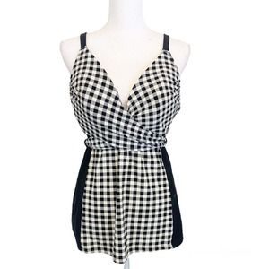 Cacique Swim Tankini Black White Houndstooth Print Flattering Womens Plus 16
